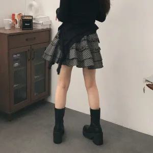 [속바지O]초코 언발 프릴 캉캉 체크 밴딩 미니스커트2color