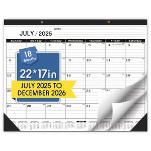 탁상용 달력 2025-2026, 2025년 7월~2026년 12월, 2025-2026 대형 22x17, PVC 커버가 있는 교실용 2026, 원형 홀 & 노트 목록(블랙), 18개월 2026