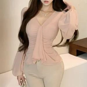 채핏 바이런 쉬폰타이 블라우스 긴팔 쉬폰 셔링 bl 페미닌 v넥 벌룬 리본 러플 격식룩 모임룩