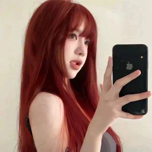 여성 로즈 레드 반가발 생머리 통가발 염색 긴머리 탈색