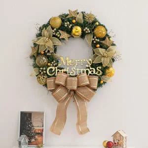 /플라워트리 크리스마스 리스 벽장식 LED 골드글로시 포인꽃A 75cm