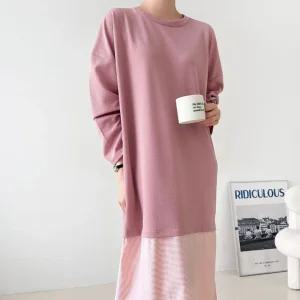 국산 여성 라운드 밑단 줄배색 박스 롱원피스 ARA-WDR-4948-핑크