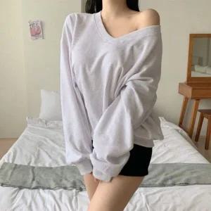 [하프클럽/]여자 벌룬 무채색 V넥 원숄더 롱슬리브 맨투맨