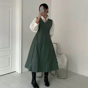 [하프클럽/]여자 옆버클 브이넥 민소매 A라인 가을 가죽 롱원피스