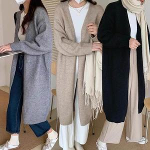여자 모던 심플 미시 울 니트 롱 로브 가디건
