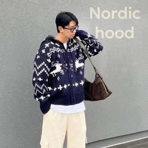 노르딕 니트 남자 오버핏 겨울니트 커플 후드 집업