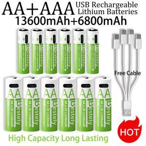 1.5V AA 13600mAh + AAA 6800mAh, USB C 케이블이 있는 충전식 리튬 배터리, 오래 지속되는 USB 리튬 이온 배터리, 2000 사이클, 신제품