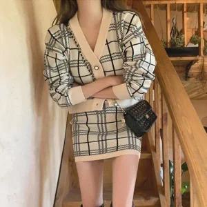 [다잇템] 여자 V넥 카디건 체크니트 쁘띠 투피스세트 스커트_10999402_588871