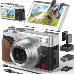 사진 및 YouTube 브이로그를 위한 64MP 5K 디지털 카메라 - 3인치 180 플립 스크린, 32GB SD 카드 2개의 배터리를 갖춘 18배 줌 UHD 오토포커스 비디오 컴팩트 여행용(실버)