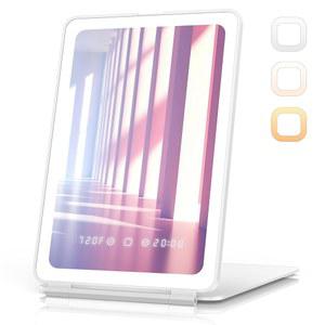 Zemmys 여행용 메이크업 미러, 시간 및 온도 디스플레이, 2000mAh 충전식 배터리, 7 5인치 휴대용 접이식 조명 148개의 LED 조명, 3가지 색상 모드, 터치 기능
