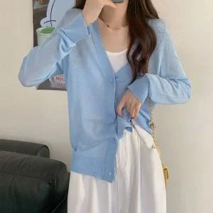 3컬러 여름 시원한 소재 얇은 시스루 가디건 브이넥