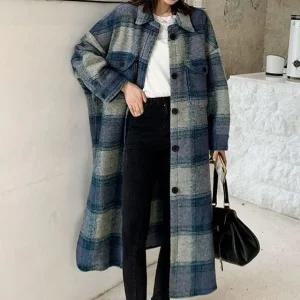 여자 체크패턴 박시핏 프리미엄 롱라인 남방 모직 재킷겉옷 (WFJU95K)
