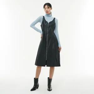 앞중심 쇠지퍼 민소매 레더 원피스 AP3LO860