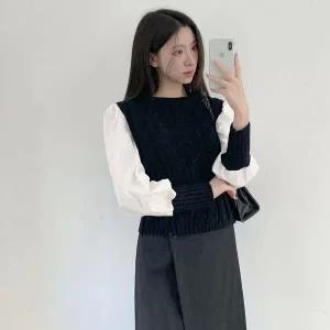 [하프클럽/]여자 퍼프소매 블라우스 레이어드 꽈배기 니트