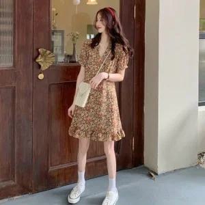 고품질 랩스타일 프릴 퍼프소매 A라인 미니 원피스 봄원피스 (WA991D8)