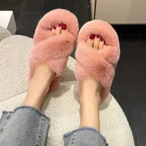 겨울 따듯한 여자 친구 퍼 슬리퍼 선물 크로스 스트랩 여자겨울패션샌들 여성양털슬리퍼