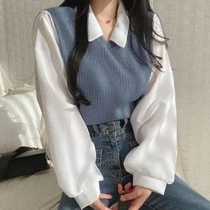 [하프클럽/셀러허브_여성트랜드패션]ONM 조끼 페이크 여성 티셔츠 카라 블라