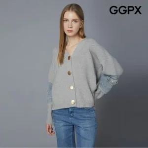 [GGPX] V넥 데님 배색 니트 가디건 (GO9KG027F)