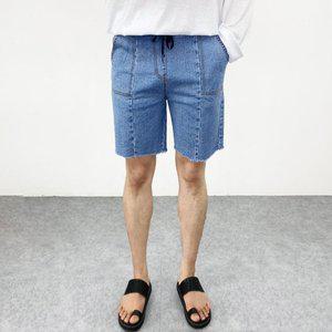 [엠클로] 남자 슬림핏 연청 진청 핀턱 라인 스판 하프 데님 컷팅 밴딩 청반바지 2컬러