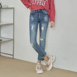 허리스판 데미지 헤짐 주름 워싱 일자진 / 빅사이즈 밑단 수술 찢청 핏 예쁜 팬츠