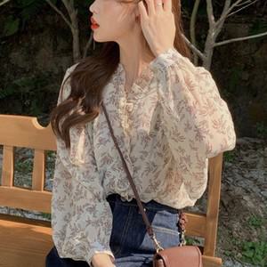 엘리몬드  레이스 포인트 플라워 블라우스 프릴 쉬폰 퍼프소매 여자 여성 데일리 하객룩 모임룩 벌룬