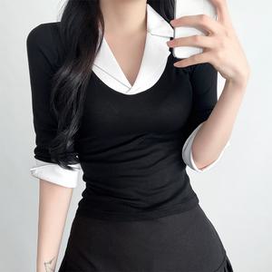 데이룸 여성 긱시크 카라 레이어드 7부 티셔츠 탑 배색 티셔츠