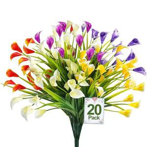 턴메온 20묶음 칼라 릴리(500두) 야외용 인조 꽃, 실내 화분용 자외선 저항 가짜 플라스틱 화분 홈 현관 봄 여름 묘지 장식(색상 믹스)