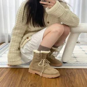 여자 스웨이드 레이스업 따뜻한 둥근코 털워커부츠