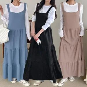 여성 봄 가을 무지 레이어드 나시 캉캉 롱 원피스 OP0034S 빅사이즈 루즈핏