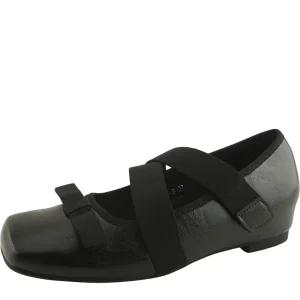 소가죽 밴딩 스트랩 키높이 속굽 발레리나 리본 플랫슈즈 5cm 블랙