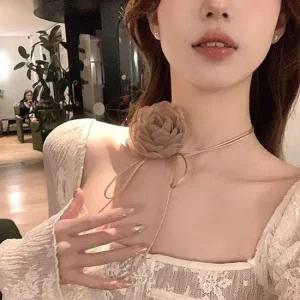 오간자 기본 플라워 목걸이 끈 모던 초커 코사지 무대의상 여성스러운 끈목걸이 꽃목걸이