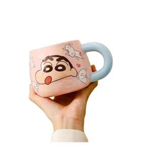 여아 재미있는 물컵 짱구 블루손잡이 세라믹 머그컵 460ml 안전한 위생컵 쥬스컵