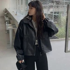[하프클럽/]여성 크롭레더 자켓 루즈핏 간절기 아우터 스트릿룩