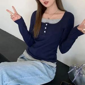 [하프클럽/]배색 버튼 데일리 레이어드 티셔츠