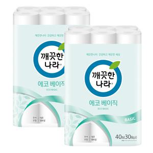 깨끗한나라 에코 베이직 40m 2겹 30롤 2팩 데코 엠보싱 휴지