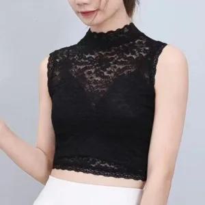 메쉬 레이스 터틀넥 크롭탑 119-000049여성민소매티 민소매 민소매티 크롭탑