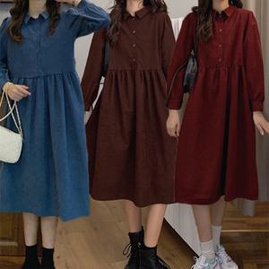 베이비돌 긴팔 루즈핏 원피스 퍼프소매 미디 롱 키작녀 골덴 카라 가을 봄 코듀로이 프릴