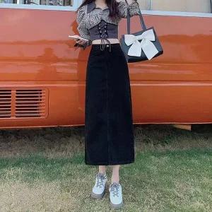블랙진 롱스커트 라인 절개 청치마 검정색 하의
