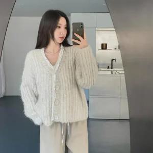 여자 울 레이스 V넥 스웨터 알파카 빅사이즈 가디건