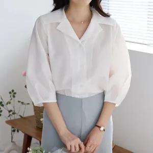 여자 하객룩 빅사이즈 칠부 퍼프 셔츠 블라우스_4