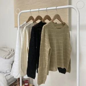 여름 긴팔 그물 펀칭 니트 루즈핏 레이어드 바캉스룩