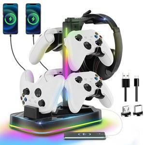 Xbox Series X용 충전 스테이션이 있는 JDGPOKOO 헤드폰 및 컨트롤러 스탠드 | S/Elite 2/One X/One S/One 엘리트, Xbox용 RGB 컨트롤러 충전 도크, 헤드셋 및 컨트롤러 홀더 3개의 USB 포트 포함