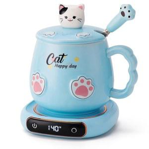Bgbg 커피 머그 워머 & 귀여운 고양이 세트, 책상 홈 오피스용 음료 컵 워머, 최대 140 /60 , 코코아 밀크티 워터 캔들용 8시간 자동 차단