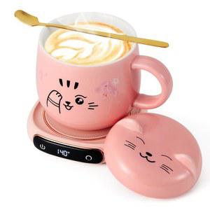 Bsigo 전기 LED 디스플레이 스마트 커피 머그 워머 및 귀여운 고양이 세트, 책상용 음료 컵 워머, 밀크티용 플레이트, 3가지 온도 설정(최대 140 /60 ), 8시간 자동 차단, 핑크