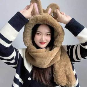 [콩심팥심]브라운 후드 일체형 머플러 큐트레빗 후드머플러
