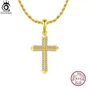 남자 십자가 목걸이 펜던트 써지컬스틸 ORSA JEWELS 남성용 럭셔리 18K 골드 클리어 CZ 크로스 925 스털링