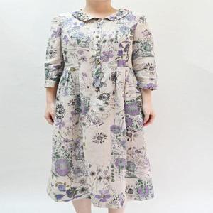 [비꼴리끄]린넨 프린트 라운드 카라 칠부 원피스 B242WO3230