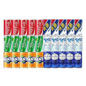175-190ml 미니캔 음료수 세트  6종 각 5캔씩 / 초정탄산수+코카콜라+맥콜+환타오렌지+칠성사이다+밀키스