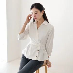 [시크라인] (~XL까지) 르니안 7부소매 랩 버튼 블라우스 봄 가을 오피스 하객룩 데이트 데일리 모임 미시 빅사이즈