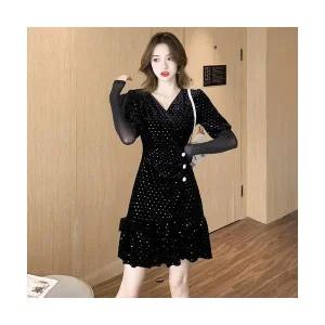 여성 추천 겨울 롱 원피스 추동 벨벳 망사 스팽글 머메이드 투피스 스포M4